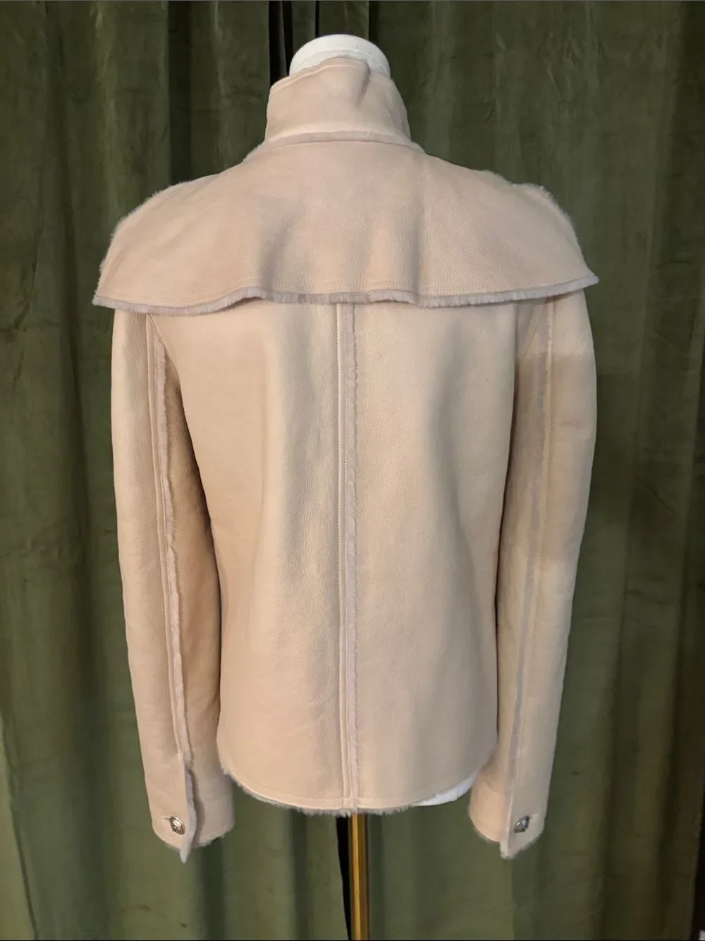 CHANEL Cream Shearling Zip Leather Jacket, US4